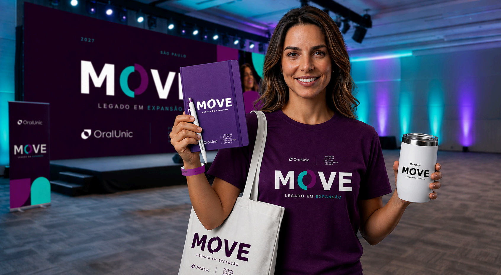 Itens do welcome kit MOVE em flat-lay