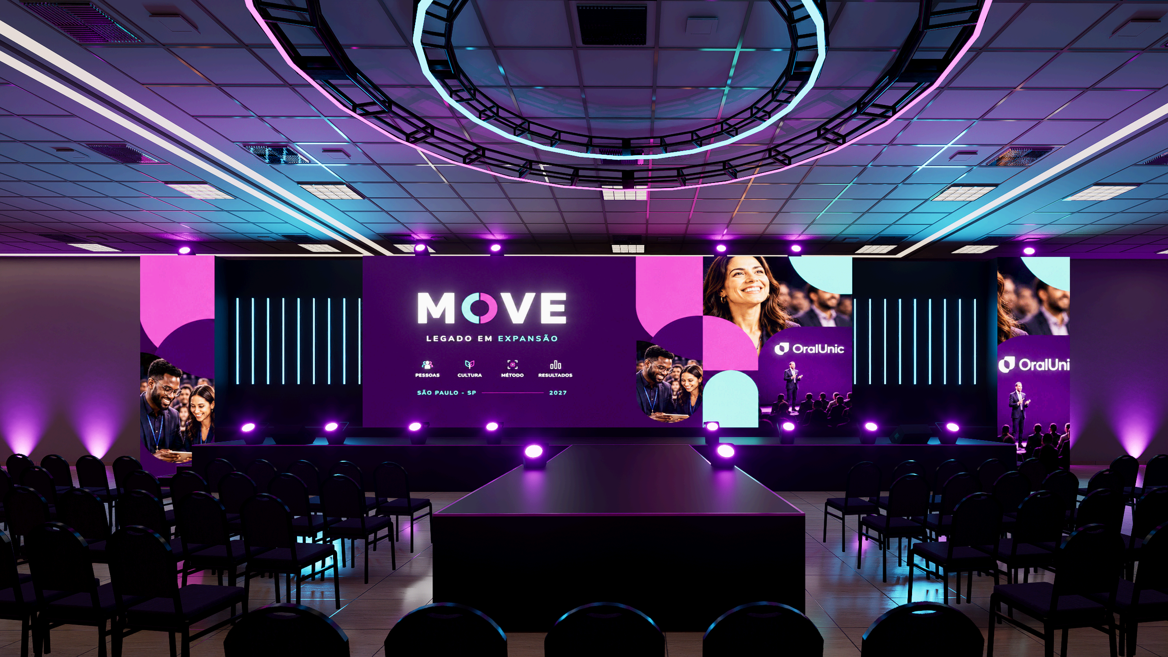 Lounge corporativo iluminado em dourado, franqueados em networking